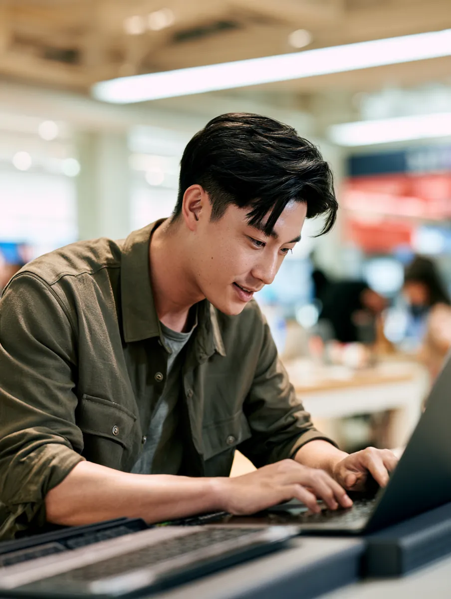 Man comparing two laptops in a store before using his $1,000 loan deliberately