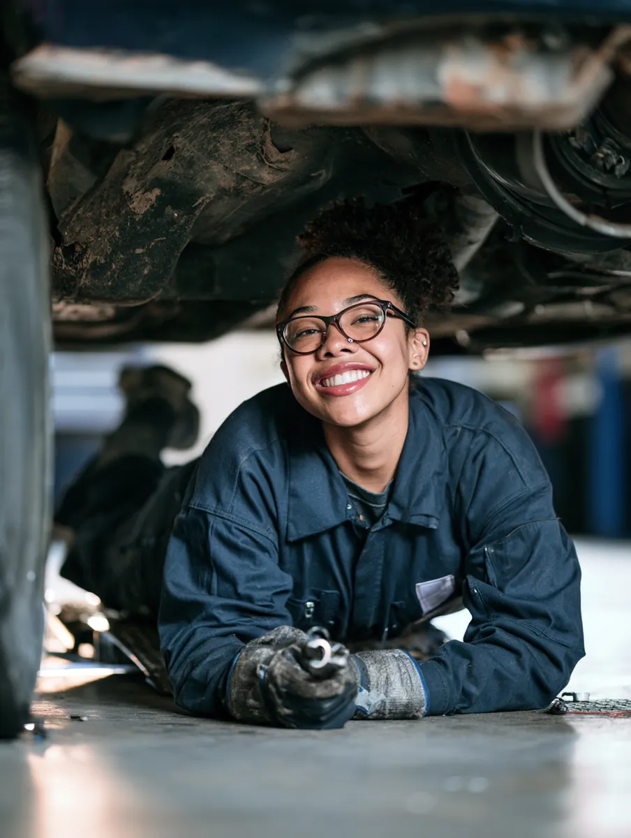 Mechanic rolling out from under a car with a wrench and a grin, repair underway