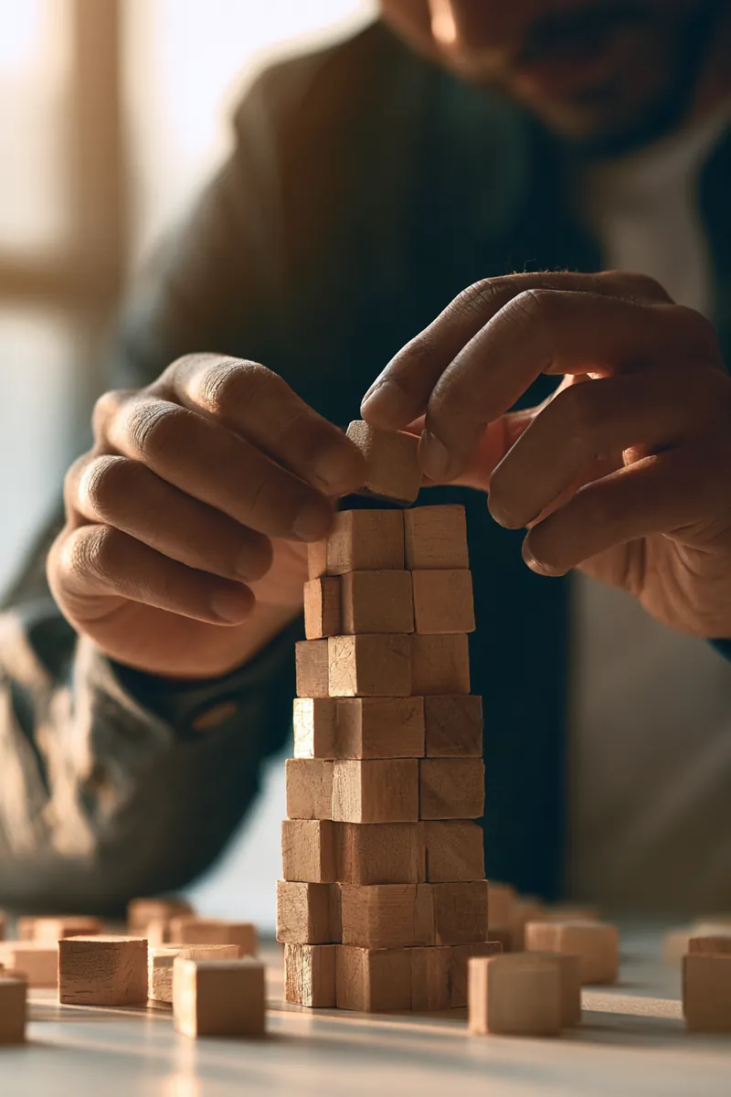 Hands stacking many small blocks into one solid tower, the logic of debt consolidation