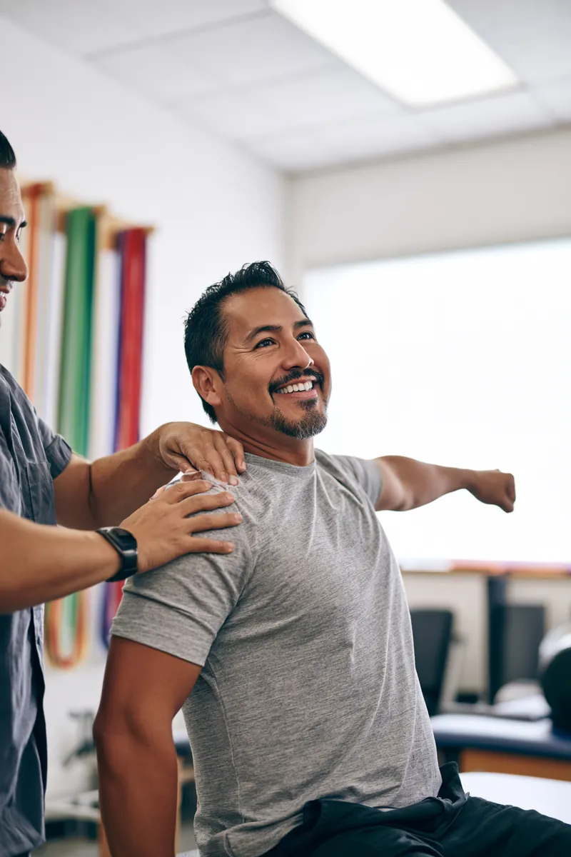 Man doing guided physical therapy stretches, recovery on a manageable payment plan