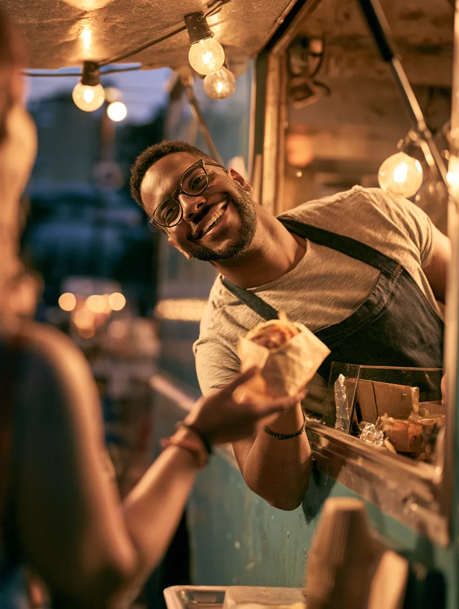 Food truck owner handing an order to a customer, a self-employed personal loan borrower