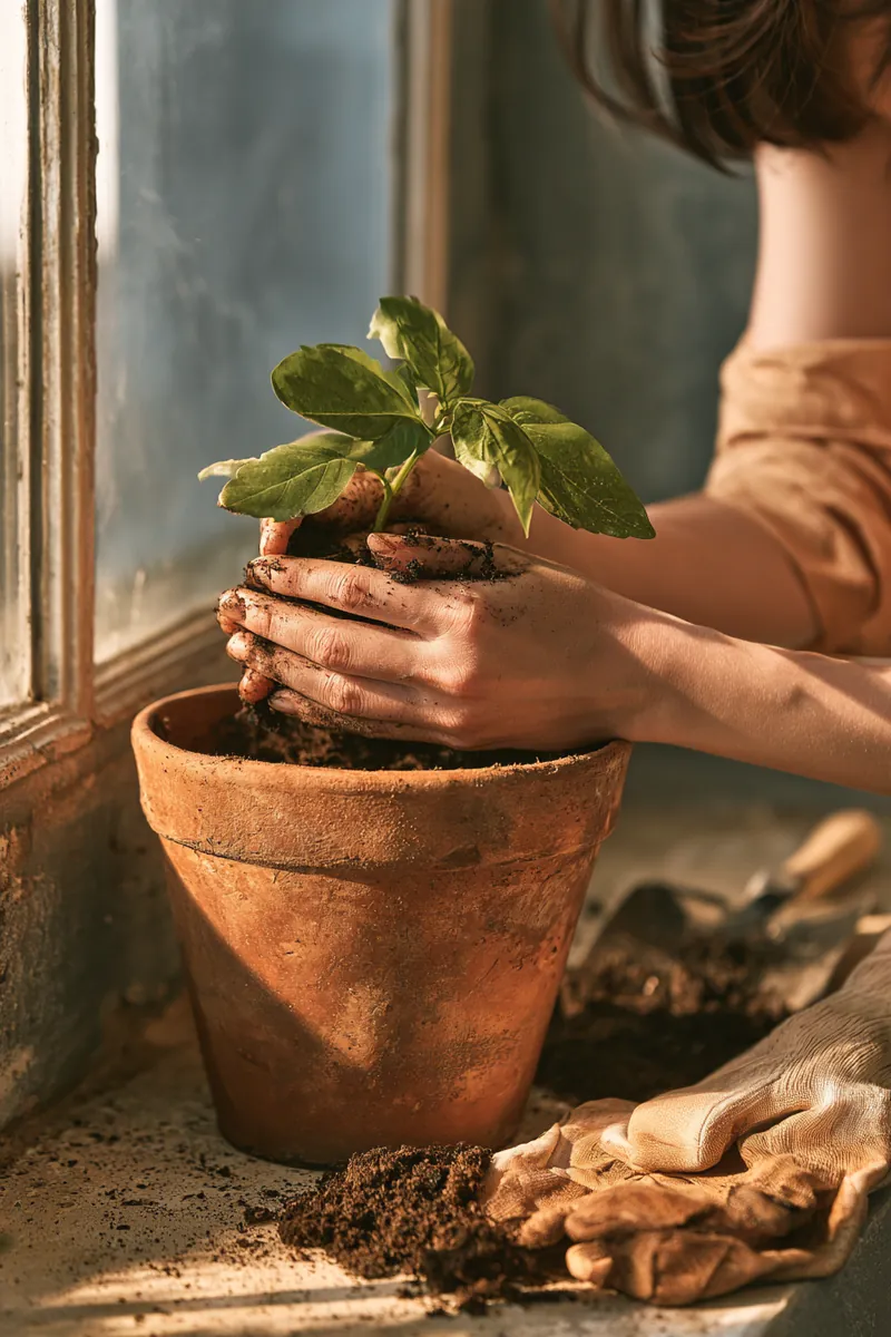 Hands repotting a growing plant, a metaphor for personal loan progress