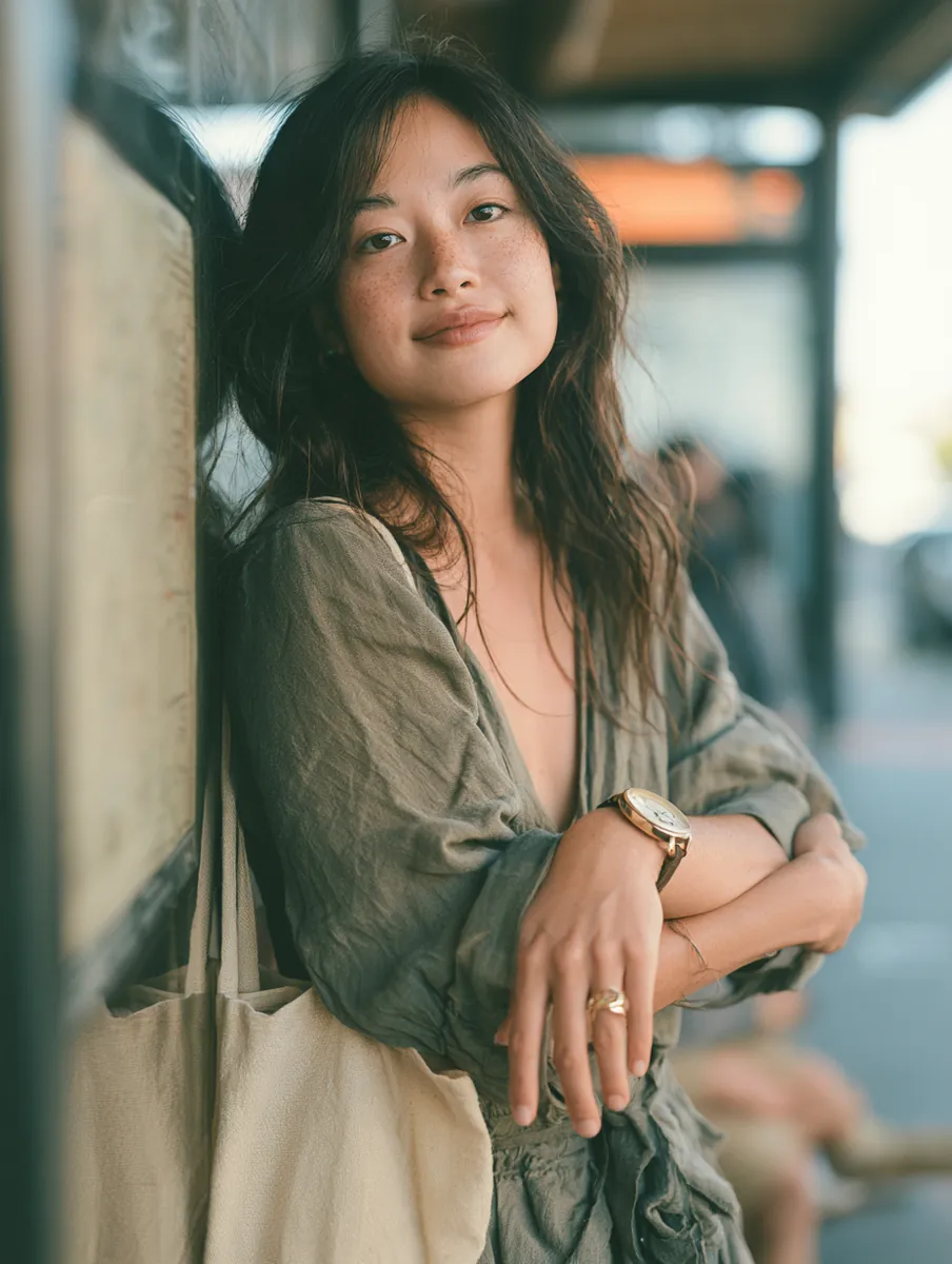 Woman calmly checking her watch at a bus stop, a short and known wait like a short loan