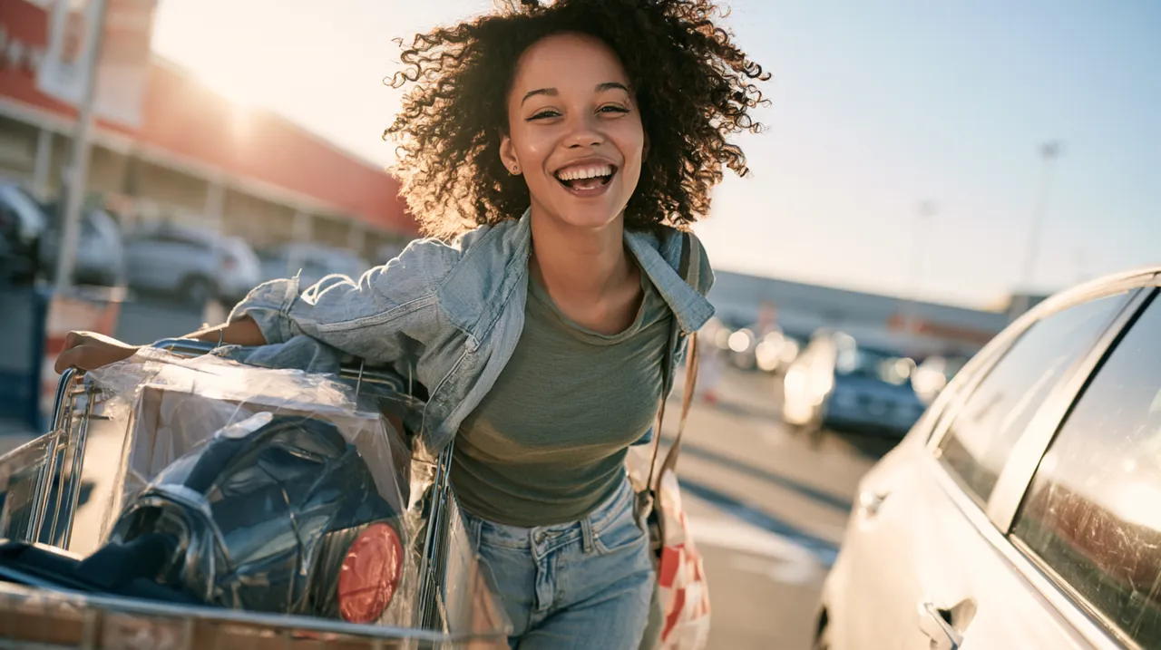 Woman wheeling a boxed vacuum to her car, a typical $1,000 loan purchase