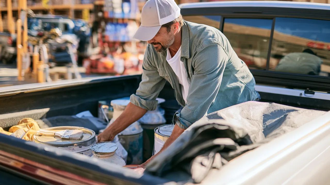 Man loading paint supplies into a pickup truck for a $1,500 project