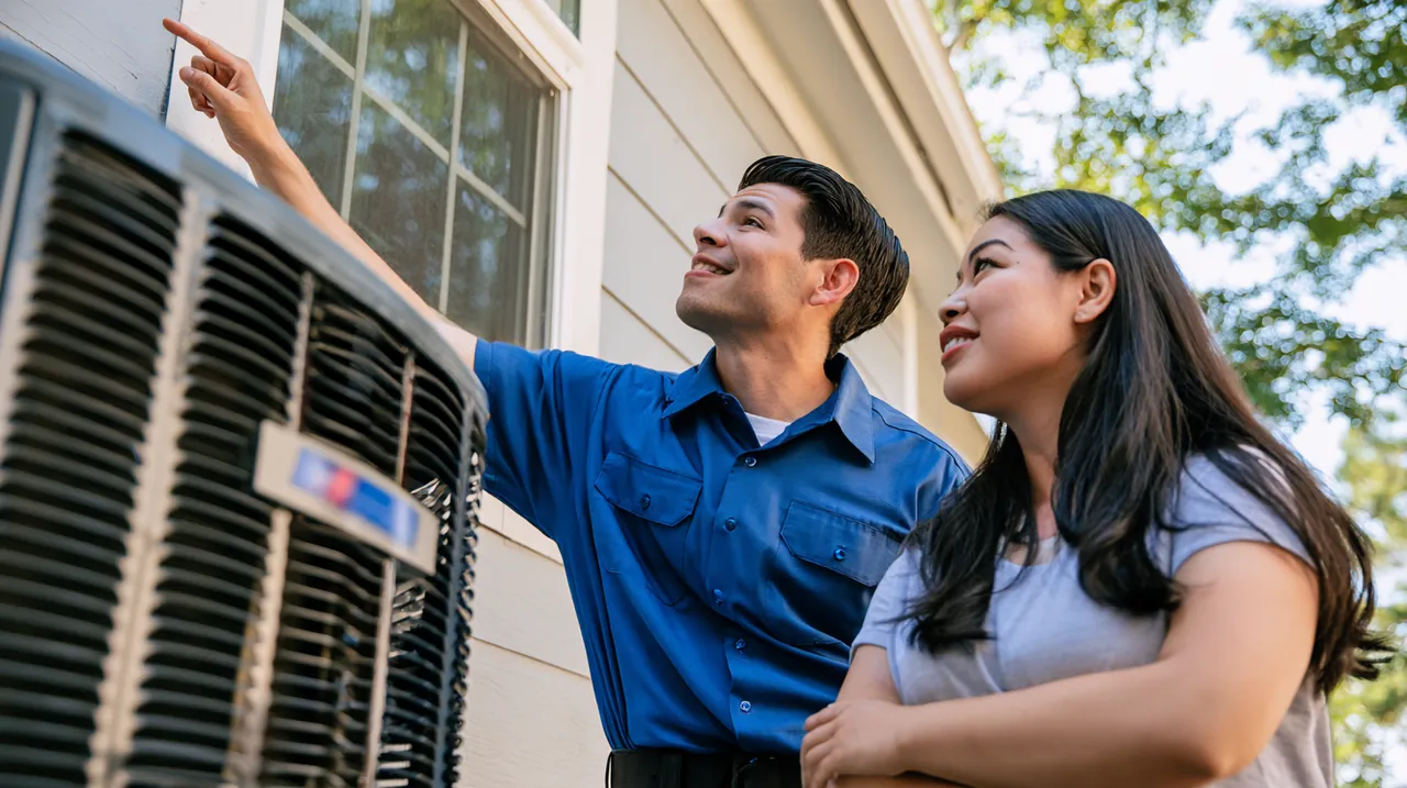 Homeowner and technician reviewing a new AC unit, a common $2,500 expense