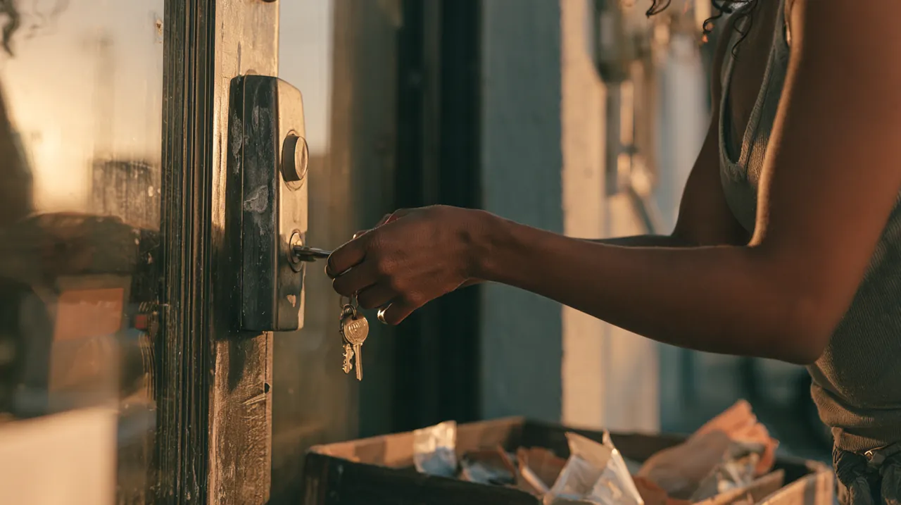 Shop owner unlocking her studio at dawn after a $3,000 startup boost