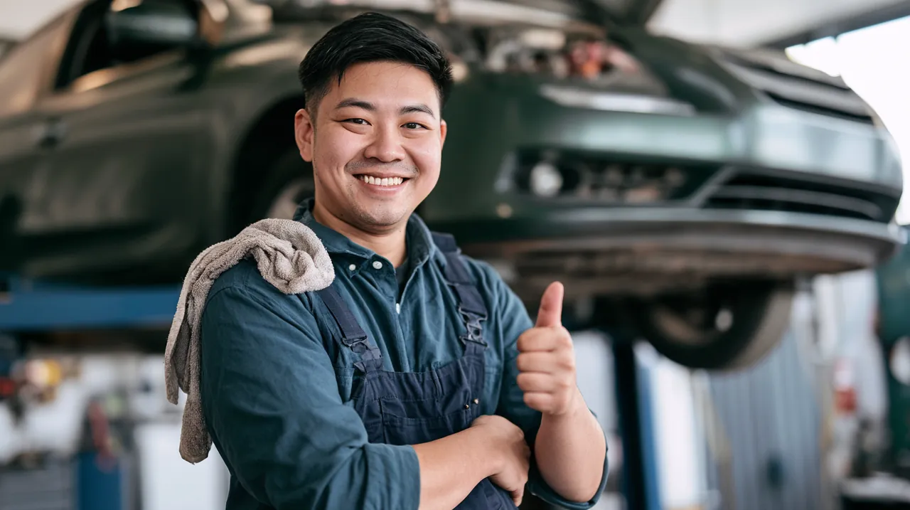 Car on a lift with a mechanic giving a thumbs up, representing auto repair loans