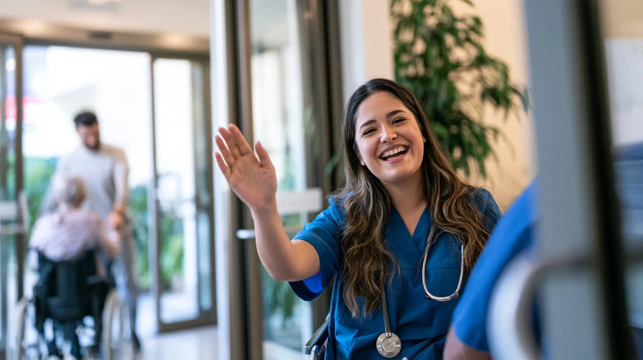 Nurse waving goodbye to a recovering patient, representing medical loans