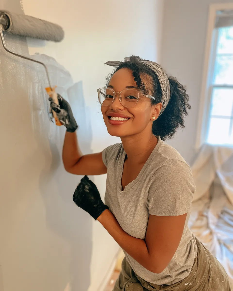 Woman rolling fresh paint onto her home office wall, a $1,500 loan project in motion
