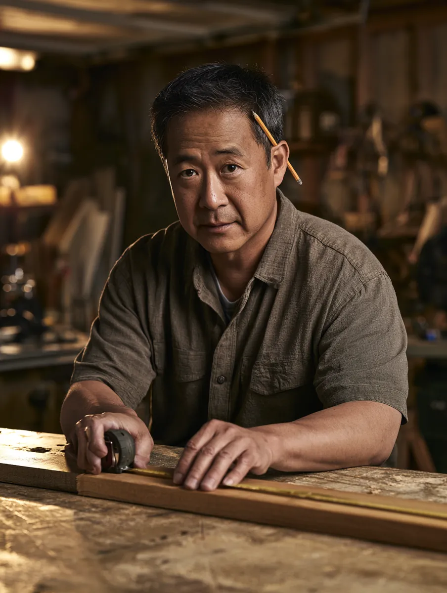 Man measuring a wooden plank in his garage workshop, a $2,000 loan project underway