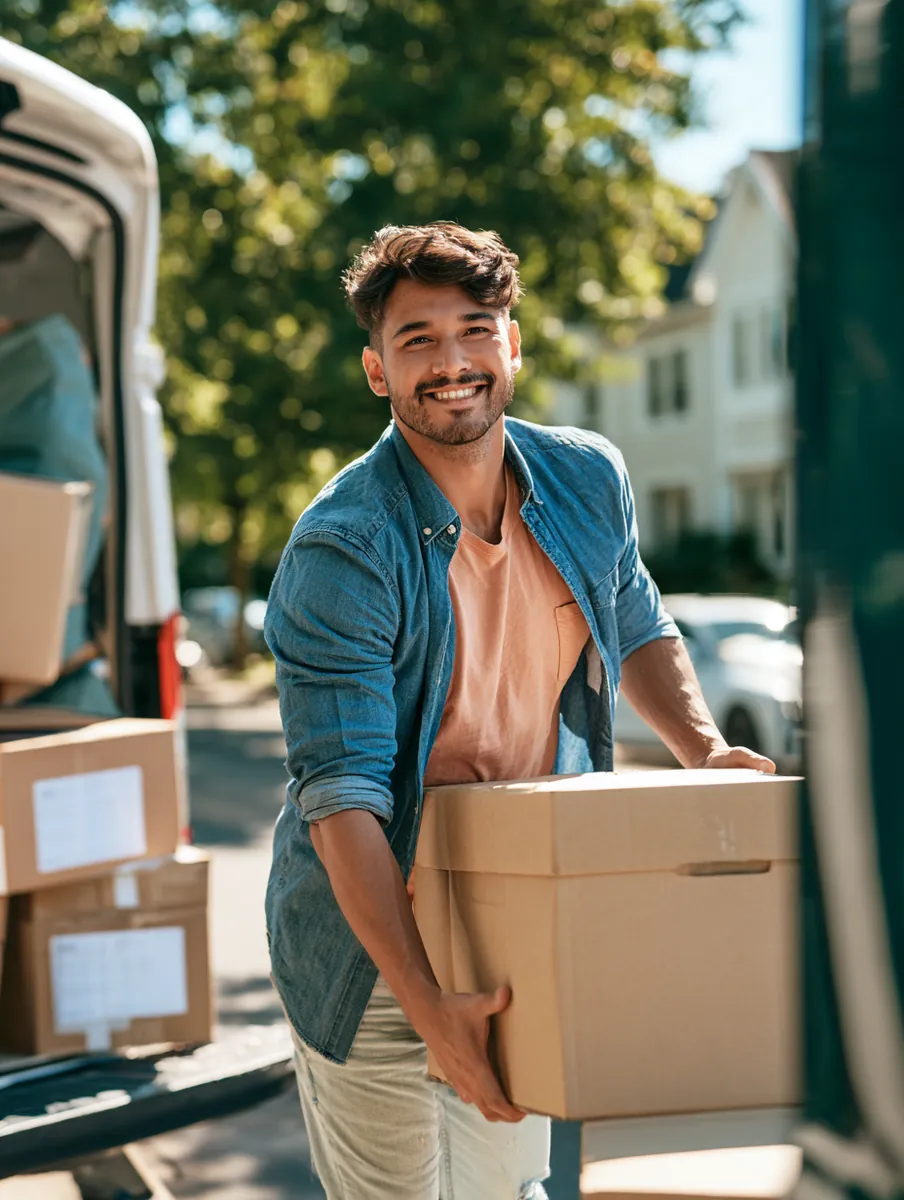 Man loading labeled moving boxes into a rental van, a $3,000 loan relocation in progress