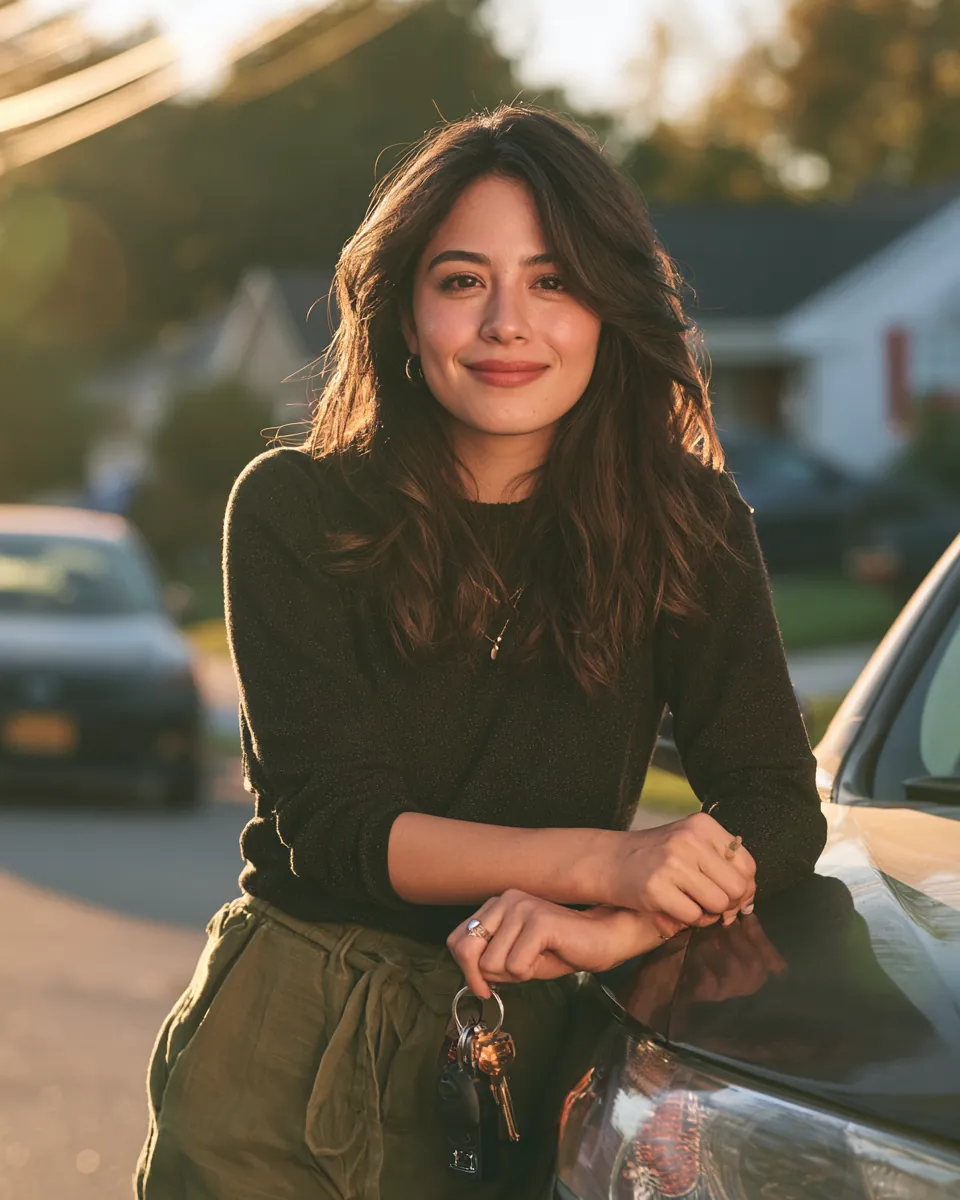 Woman leaning confidently on her sedan in a driveway, keys in hand after a completed repair