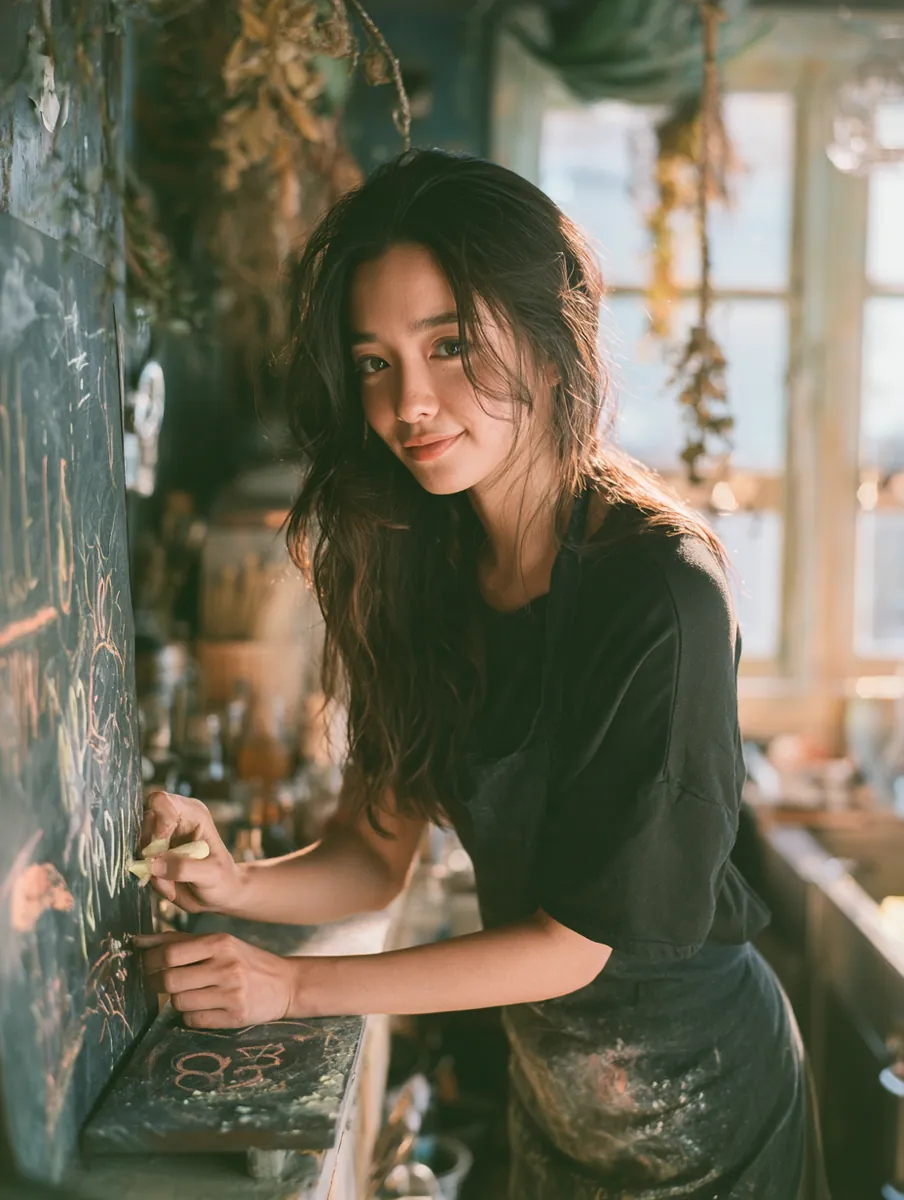 Café owner writing tidy numbers on a chalkboard, working out a personal loan payment