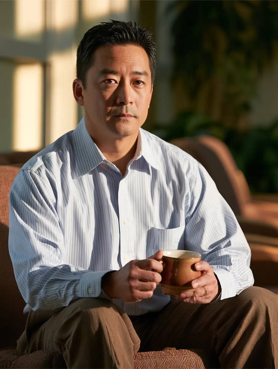 Man waiting calmly in a sunlit clinic lobby with tea, at ease about the bill