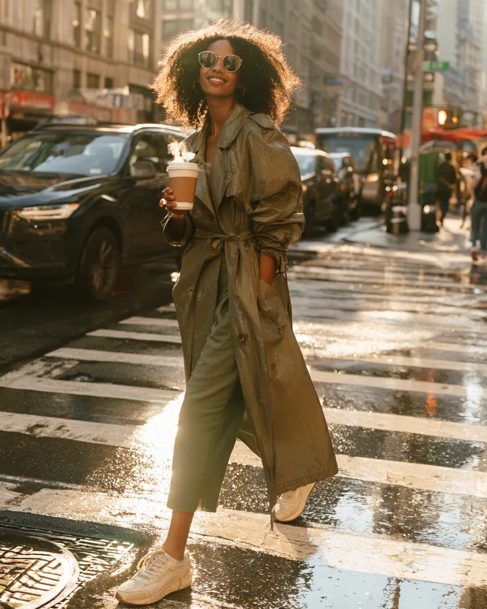 Young woman striding across a rain-washed crosswalk with coffee, momentum after a short-term fix